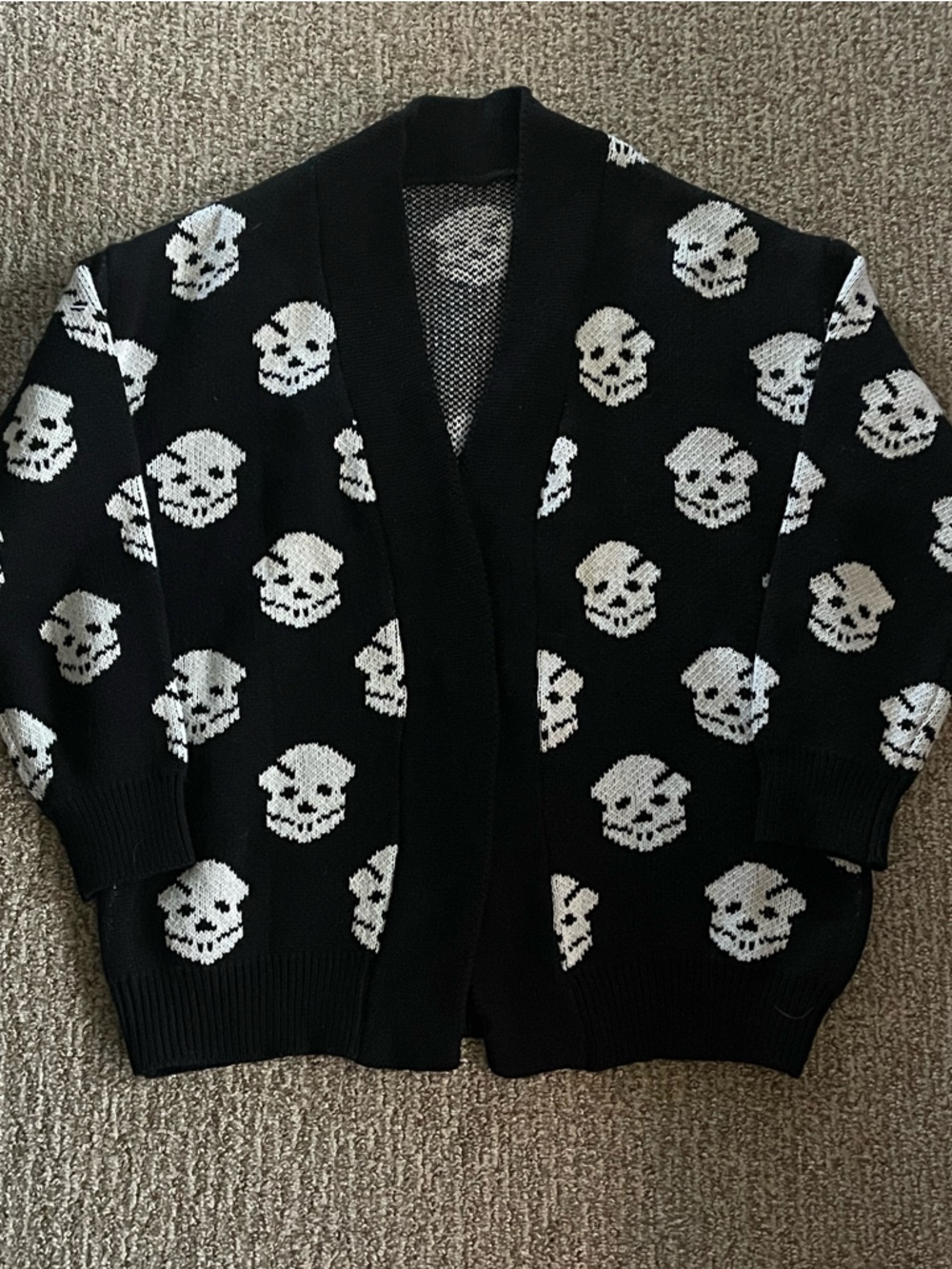 Black Skull-Pattern Open Front Cardigan Sweater